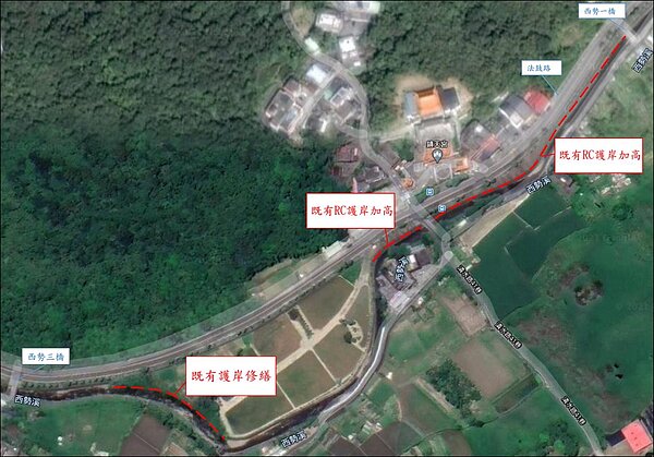 西勢溪上游左側堤防改善等應急工程施工範圍。圖/新北市府提供