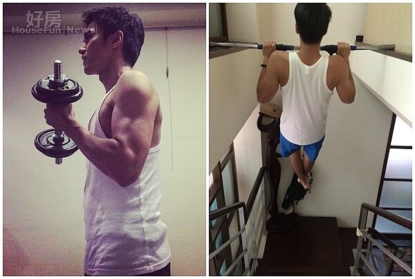6.洪浩竣健身有成,線條保持得相當不錯。
7.善用樓梯間,一根單槓就能健身。