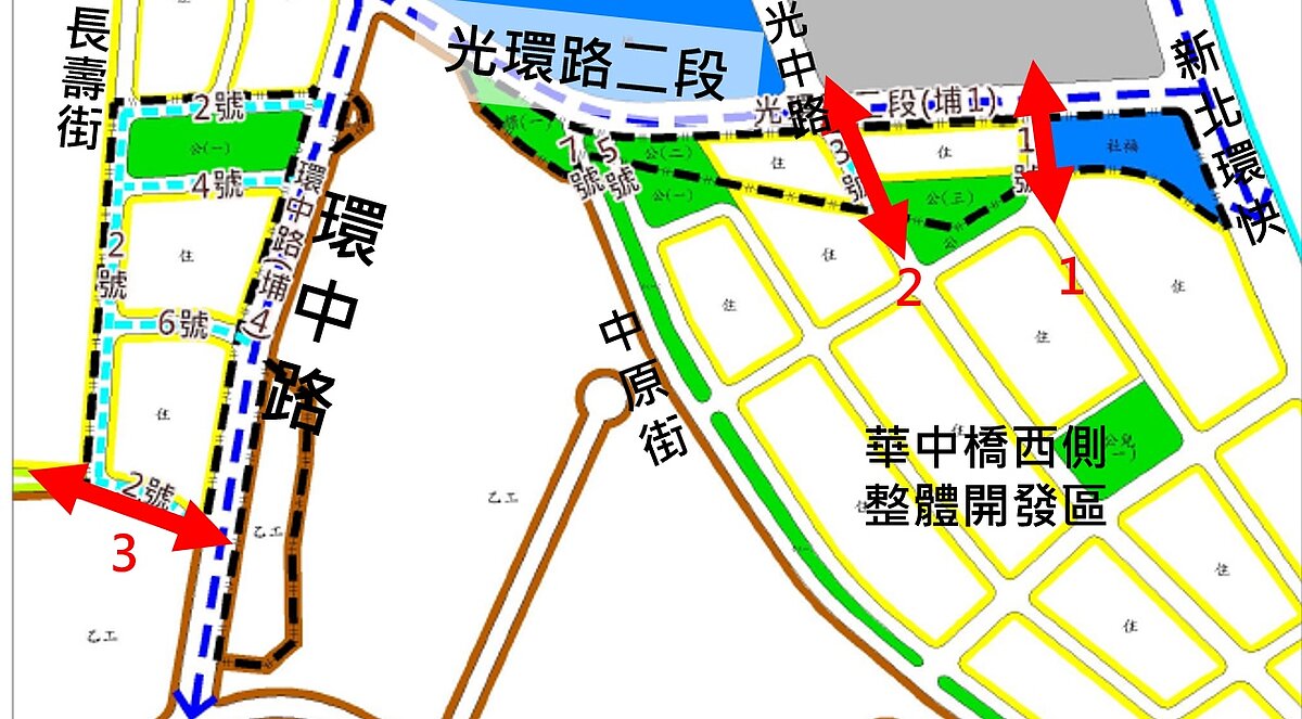 開發後預計新設三條道路（紅色雙箭頭標誌），縫合板橋與中和間的未開發區域。圖／新北市地政局提供
