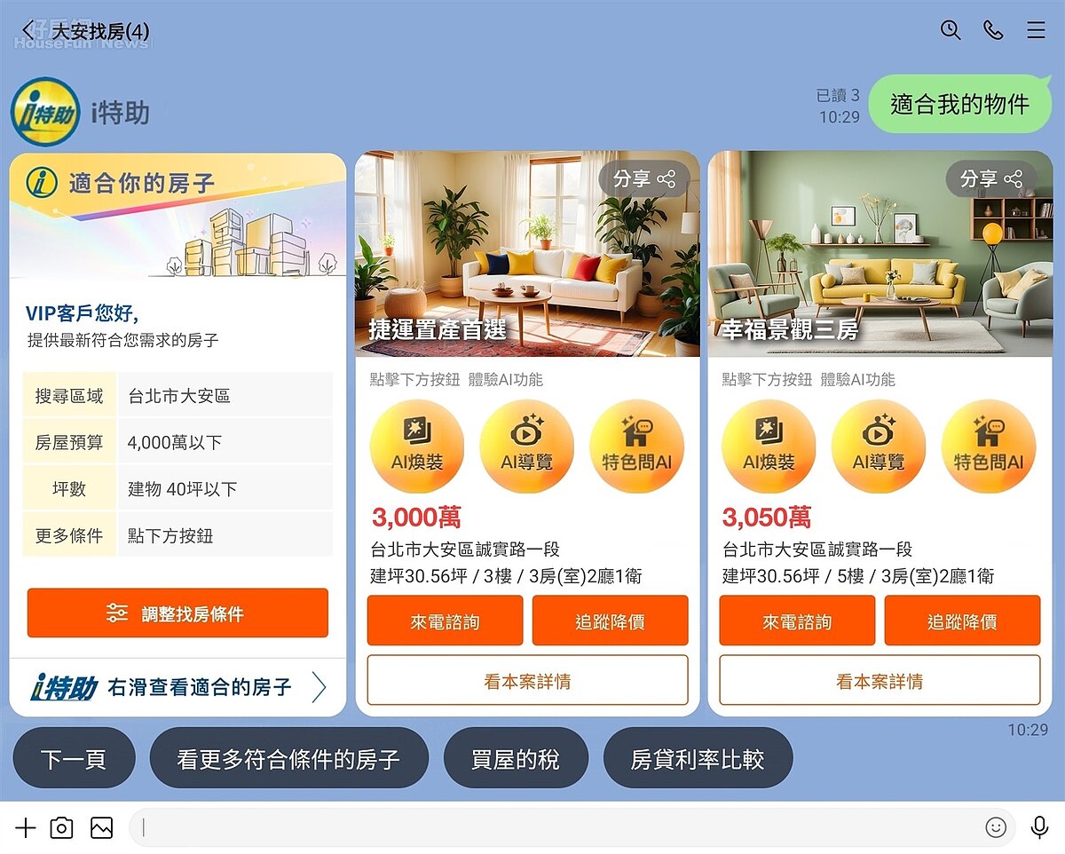 「i特助」功能多樣，消費者能在LINE群組中查詢物件、社區追蹤、預約看屋，快速又便利。(永慶房產集團提供)。