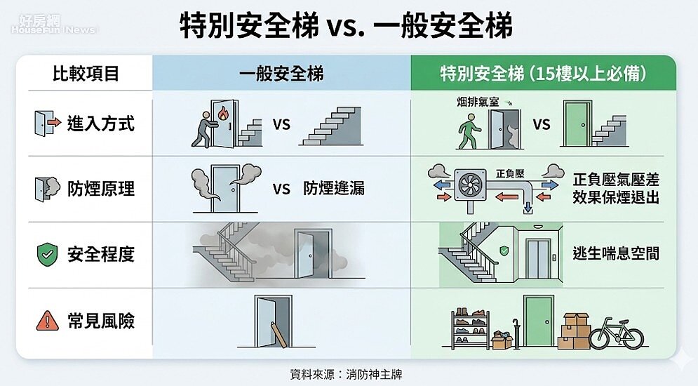 特別安全梯 vs. 一般安全梯。資料來源：消防神主牌。圖／由 AI 生成