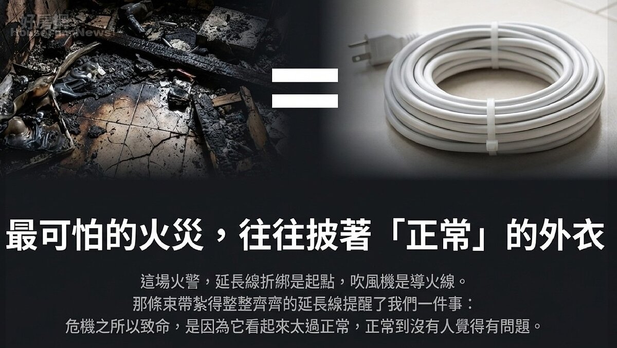 延長線折綁是起點,吹風機是導火線。圖/消防神主牌提供