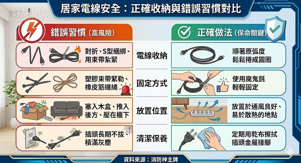 居家收納習慣的安全性對比表。資料來源:消防神主牌。圖/由 AI 生成