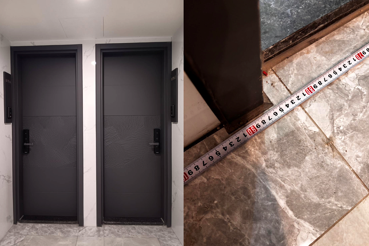 一名網友在「靠北建商2.0」投稿指出，「玄關大門不符合預售樣品屋及廣告DM寛度，建商只願意補償搬家俱吊車費用。」並上傳大門實測淨寬僅70公分的照片。組合圖／取自靠北建商2.0