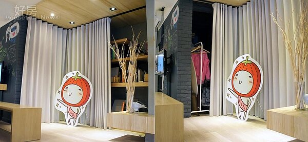 7.毛毛蟲人型立牌旁的滑桿簾後不但有多用途收納架,甚至在電視牆後還隱藏了一間儲藏室。