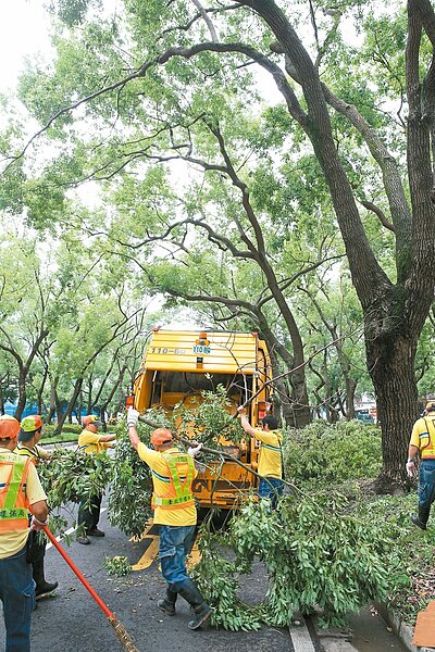 風雨過後清潔人員昨忙著恢復市容。 記者陳立凱/攝影
