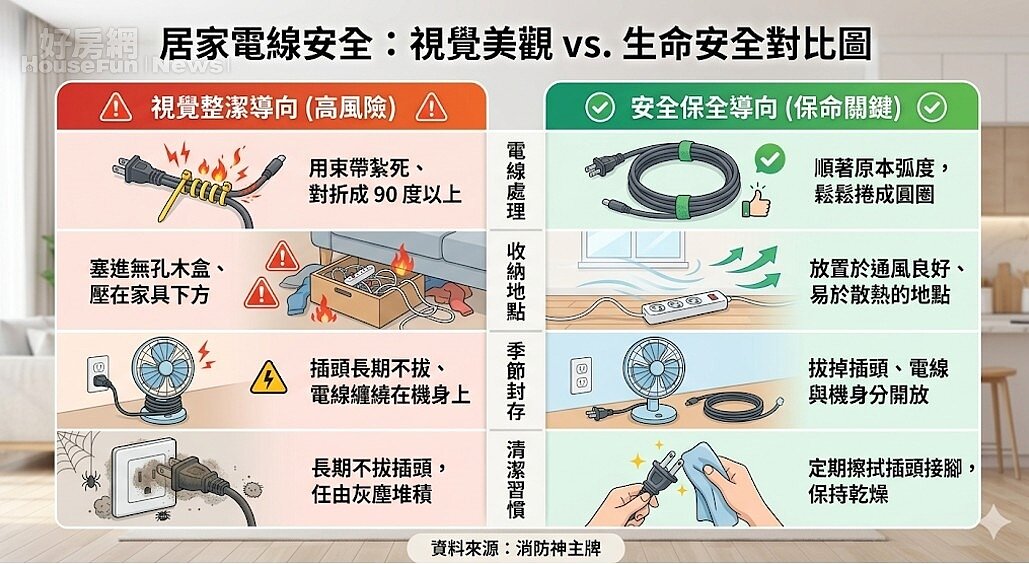 居家安全對比：美觀 vs. 安全。資料來源：消防神主牌。圖／由 AI 生成
