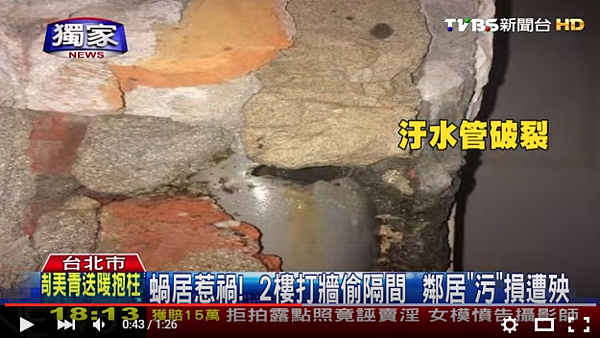台北市一棟老舊公寓二樓屋主私自隔間出租,破壞住宅結構導致漏水,汙損鄰居牆面遭檢舉。(翻攝自TVBS新聞台)