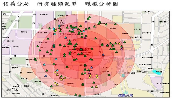 「犯罪資料庫」各類犯罪點位示意圖(台北市政府提供)