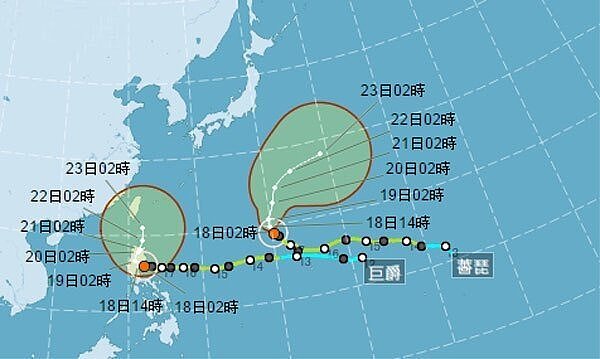 中颱巨爵路徑昨天往東偏，撲台機率增加。（中央氣象局）