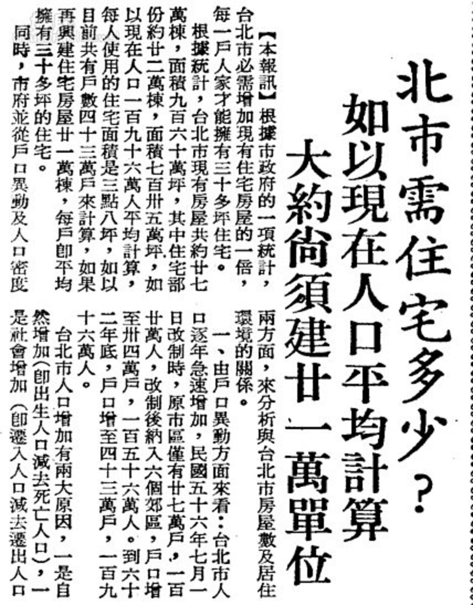 當時北市住宅量被認為仍然不足。圖／數位新聞報紙資料庫