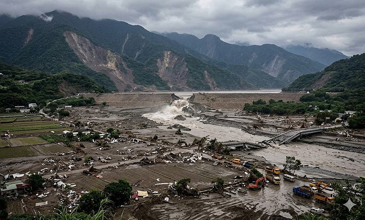 花蓮馬太鞍堰塞湖災害，未來若要順利推動永久屋計畫，土地取得、基地選址及不動產估價等機制，將是重建過程中的核心關鍵。圖／AI生成
