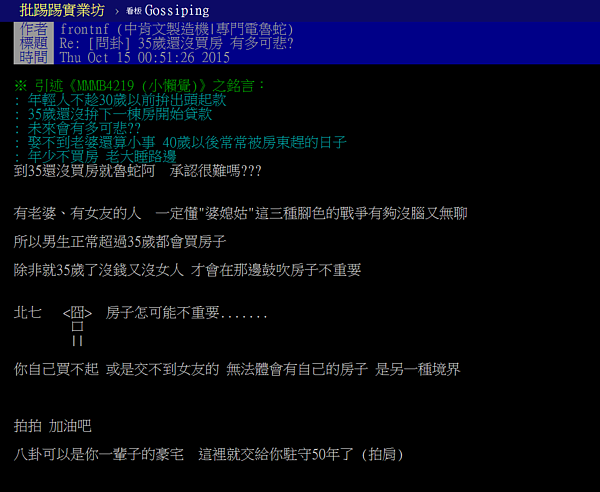 網友認為35歲還沒有買房就是「魯蛇」。(翻攝自PTT)