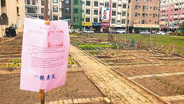 安平區怡平里「開心甜園」菜園被區公所貼上告示,如未休耕,本月13日將剷除。 記者黃宣翰/攝影