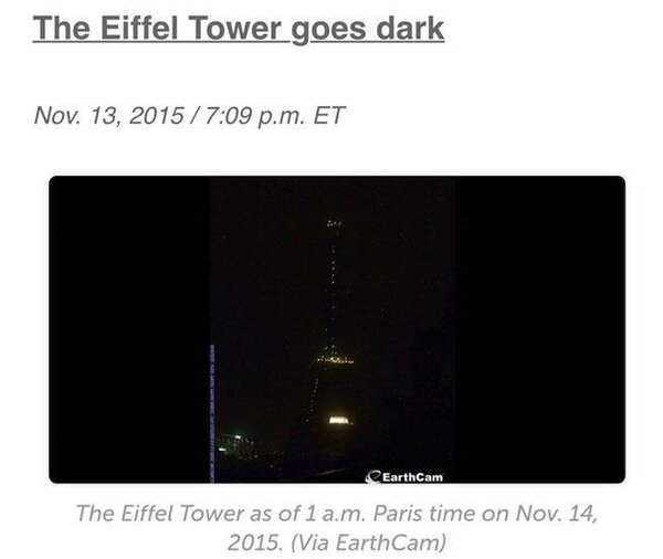 巴黎發生恐攻事件，基於安全考量，艾菲爾鐵塔緊急關燈。(圖截取自EarthCam)