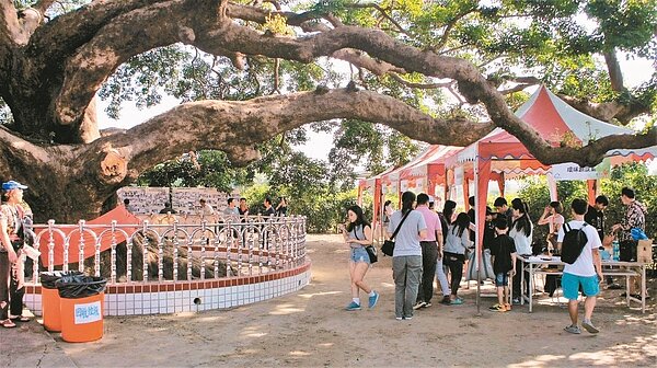 雲林縣古坑鄉新庄社區發展協會,昨天在茄苳老樹下舉辦庄可愛市集。 記者李京昇/攝影