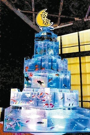 屏東海生館打造全台首座水族耶誕樹昨天點燈,散發濃濃海洋色彩,驚豔全場。( 圖/海生館提供)