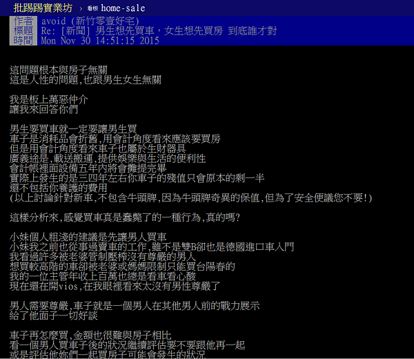 網友認為,男人買車後會帶動車位需求,買房就變成「順水推舟」的事情了。(翻攝自PTT)