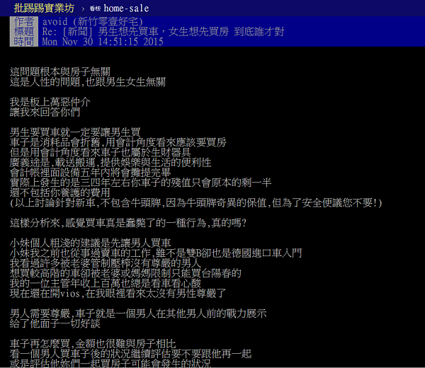 網友認為，男人買車後會帶動車位需求，買房就變成「順水推舟」的事情了。（翻攝自PTT）