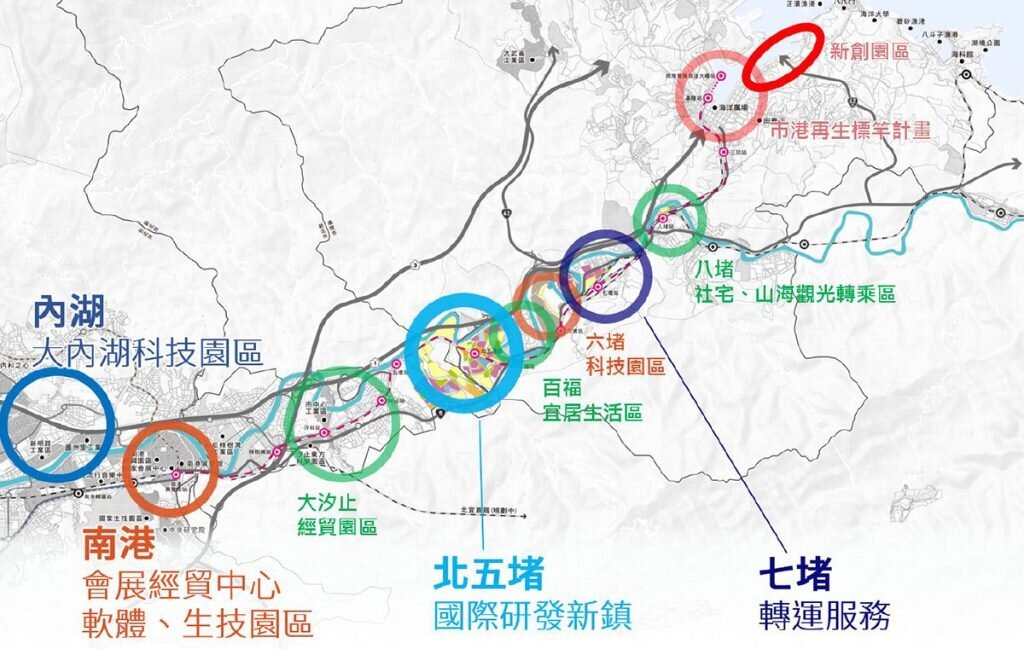 北北基桃組成的首都圈，沿著基隆河谷往東發展的大軸線非常明確，早在109年官方資料中，延續南港與汐止的北五堵就定位為產業國際研發新重鎮，後續的產業園區計畫就是在落實當初規劃（圖片／基隆市都發處109年國土計畫規劃與執行實務研習資料）