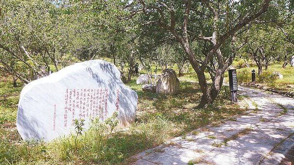 嘉義梅山公園由33顆大理石組成的「現代文學步道」,讓一些老人議論像墓碑,感覺怪怪的。 記者呂慧瑜/攝影