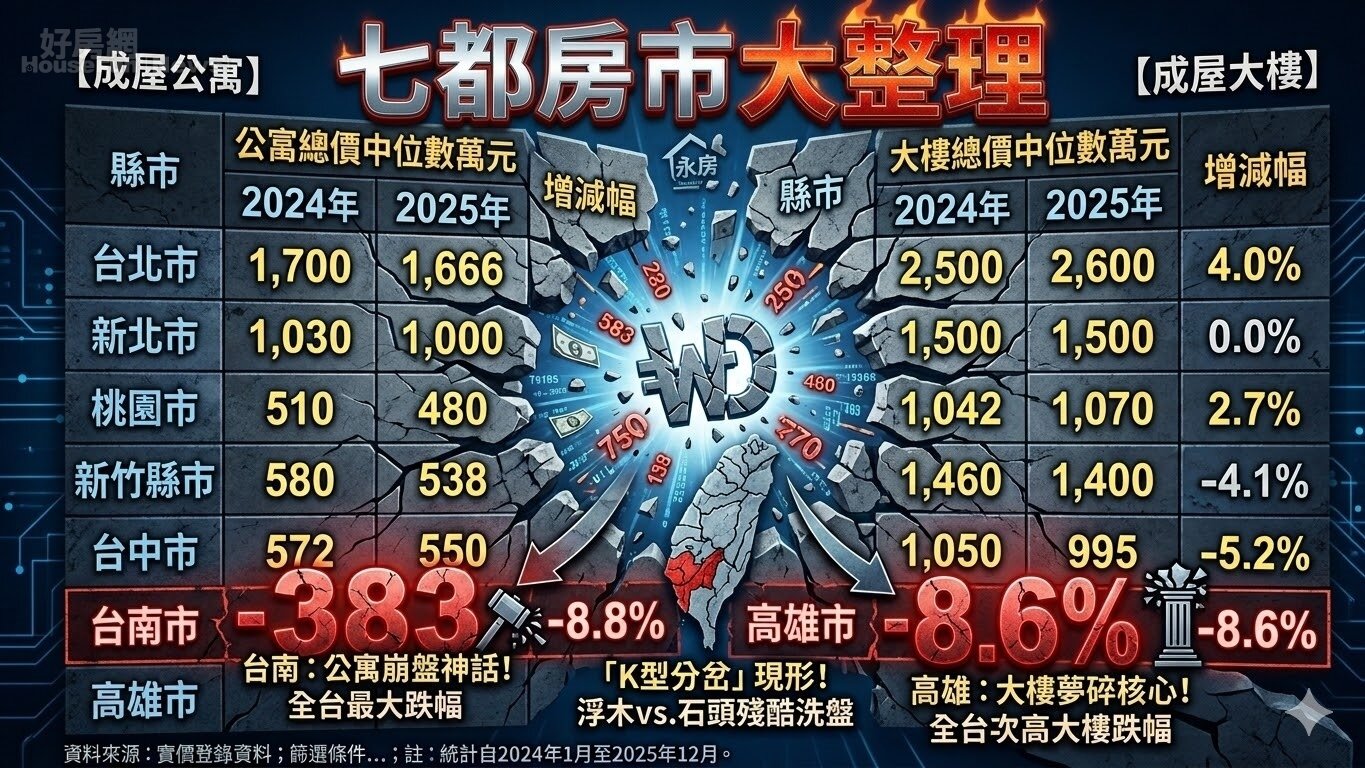 七大都會區2024年與2025年大樓和公寓的成屋總價中位數,資料來源:永慶房產集團。圖/ AI 生成