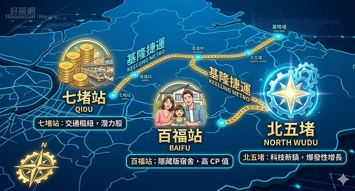 基隆捷運規劃的13個站點中，最值得關注的三個站點。圖／由 AI 生成。
