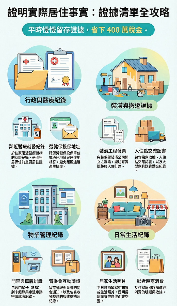 準備好8大居住事實清單,房地合一稅400萬免稅到手。圖/資料來源:資深地政士黃志偉;AI協作
