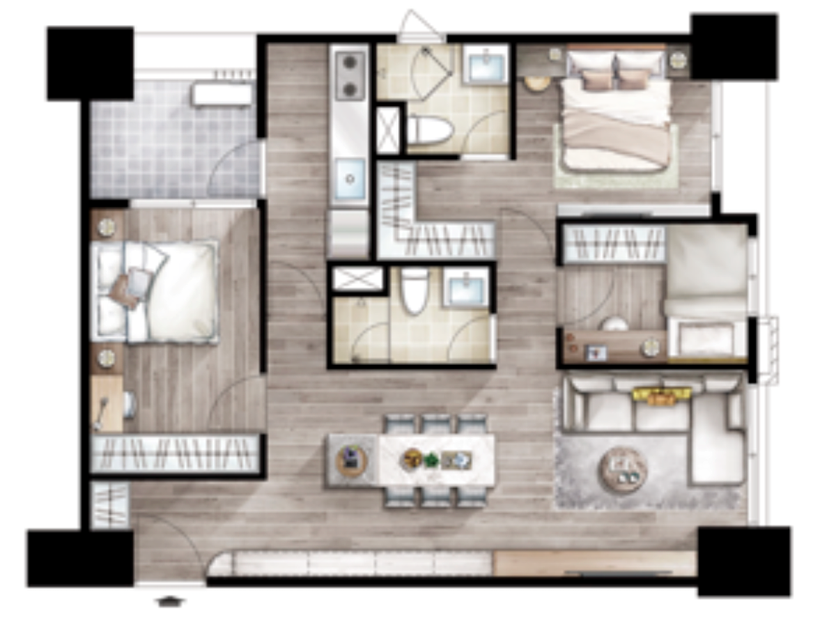 3房規劃獨立玄關、雙大臥室，空間尺度與機能兼具，一步到位升級居住品質。廣編圖／現場提供