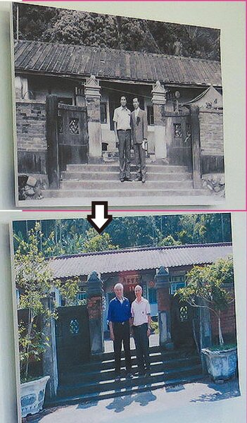 1973年的照片中年輕新郎與姪子合影，42年後學生再找叔姪拍照，兩人已頭髮花白。 記者黃茹婷／攝影