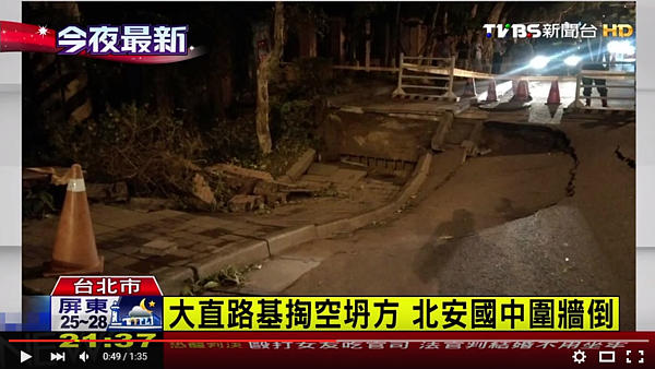 明水路受到豪雨沖刷,出現路基掏空情形。(翻攝自TVBS Youtube畫面)