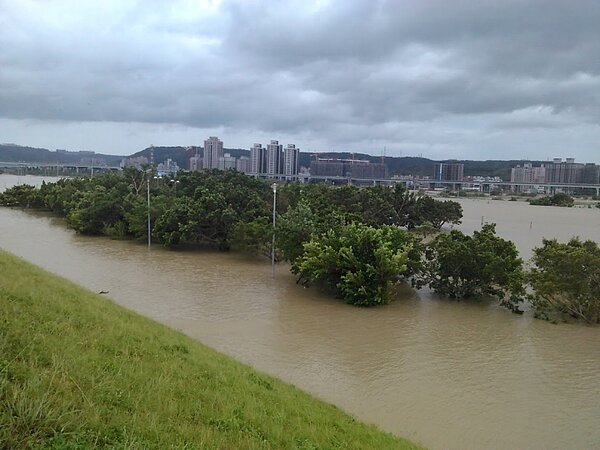 洲子洋重劃區前的萬坪公園泡在水中。（網友清心自在提供）