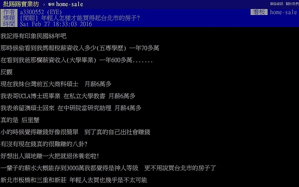 網友在ptt上感嘆年輕人買房好難(圖/翻攝自ptt)