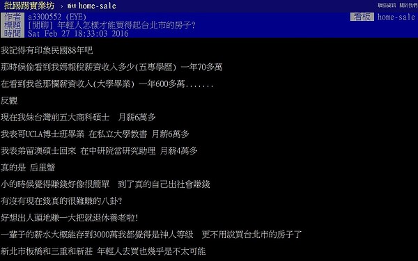 網友在ptt上感嘆年輕人買房好難(圖／翻攝自ptt)