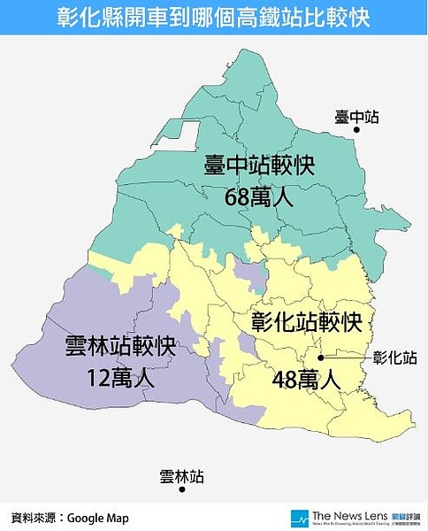 高鐵彰化站距離人口密集地區遙遠，許多人會選擇到台中站及雲林站搭車。（翻攝自關鍵評論網）