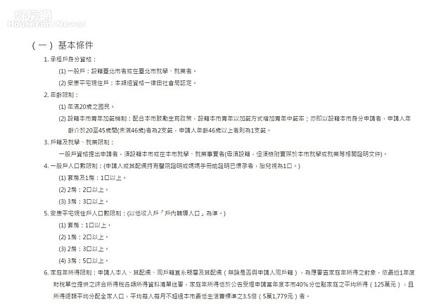 北市社會青年住宅的申請承租資格條件中,明定20~46歲之間的青壯年較有機會能抽到籤。(翻攝自台北市政府網站)