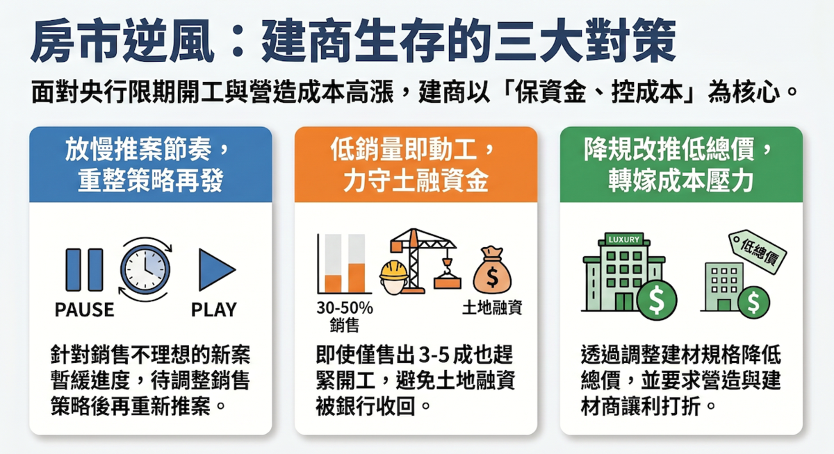 建商面對銷售低迷,3種因應方式。圖/記者蔡佩蓉彙整,AI製圖