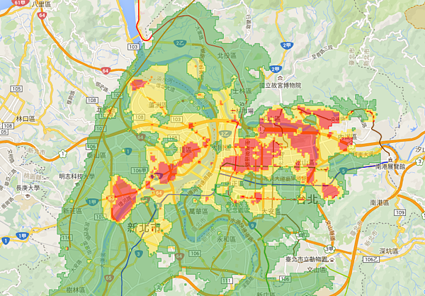 台北、高雄部分土壤液化「紅色警戒區」，剛好也是水的區域。（圖／擷取自土壤液化潛勢地圖）