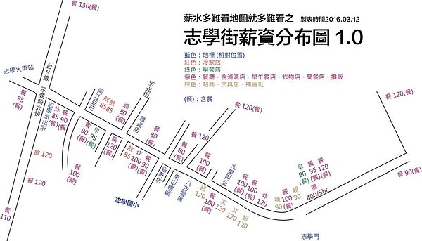 東華大學學生勞動權利促進會製作「薪資所得地圖」。(翻攝自東華大學學生勞動權利促進會臉書)