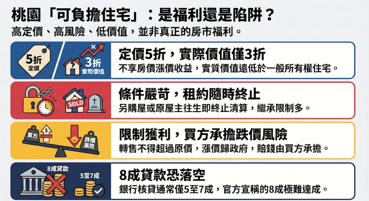 桃園可負擔住宅的風險。圖／記者蔡佩蓉彙整、AI協作