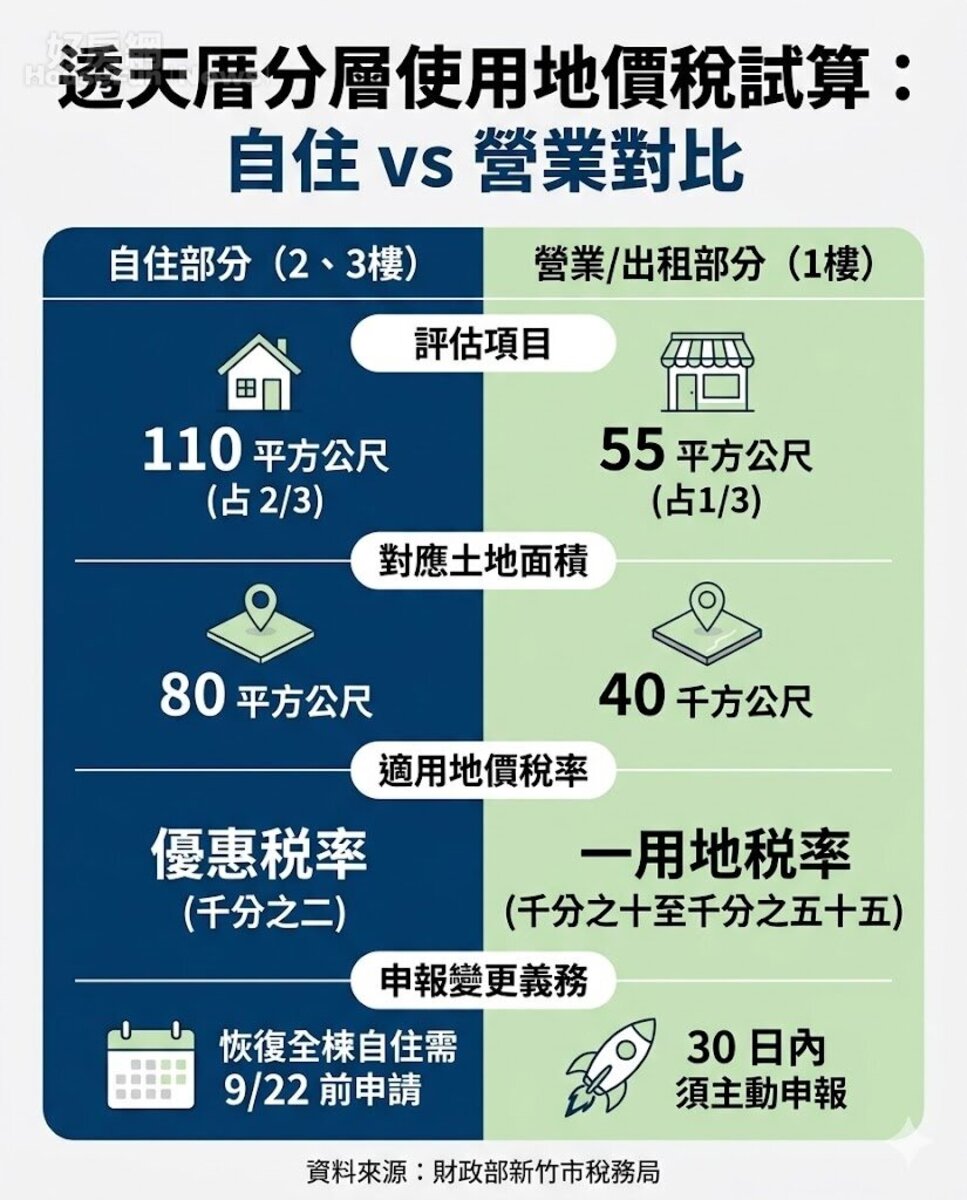 透天厝分層使用地價稅試算:自住 vs 營業對比。資料來源:財政部新竹市稅務局。圖/由 AI 生成