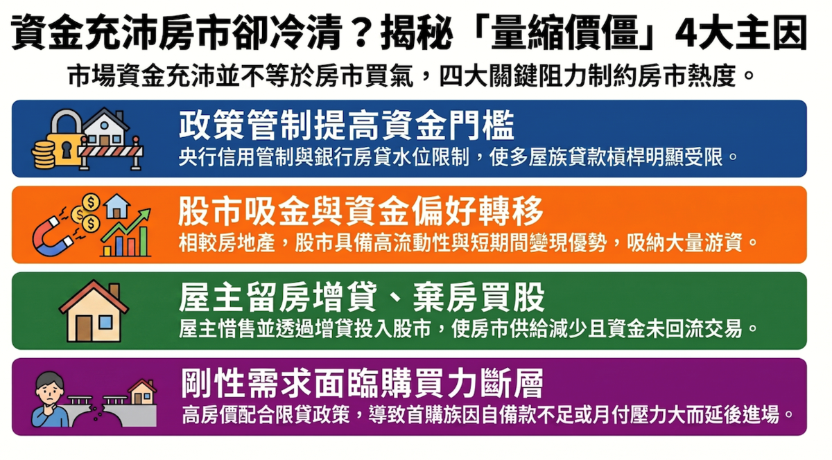 資金充沛但房市旺季不旺，主要可歸納為4項因素。圖／資料來源：正心不動產估價師聯合事務所、AI協作
