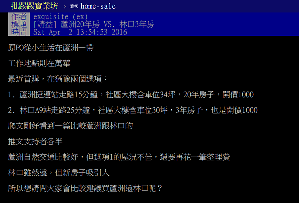 該買蘆洲中古屋還是林口新成屋？網友一面倒向蘆洲。（翻攝自PTT）