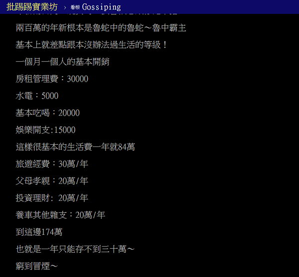 為什麼年收200萬還是魯蛇?網友精算發現一年存不到30萬。(翻攝自PTT)