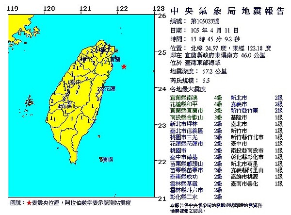 13:45發生規模5.5地震 (氣象局)