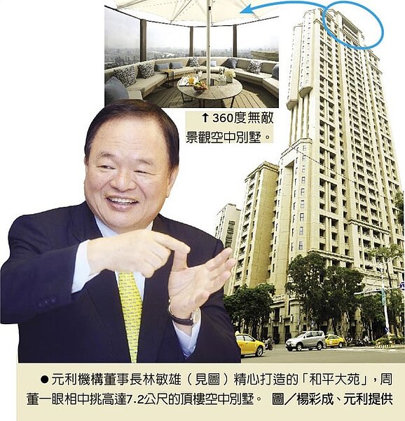 元利機構董事長林敏雄精心打造的「和平大苑」,周董一眼相中挑高達7.2公尺的頂樓空中別墅。圖/楊彩成、元利提供
