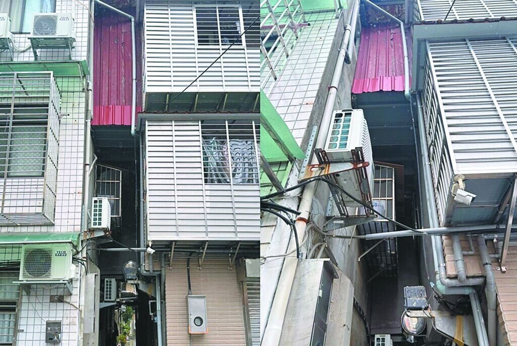 有民眾行經台北市萬華區西園路二段巷弄,發現兩棟透天厝3樓有紅色鐵皮連通道串連,懸空在小巷上方讓人看了頭皮發麻。圖/民眾提供