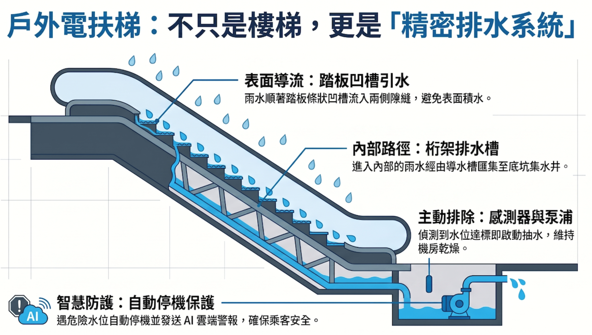 戶外電扶梯真正的防水智慧,藏在乘客看不見的機構設計裡。圖/資料來源:通力電梯,AI協作
