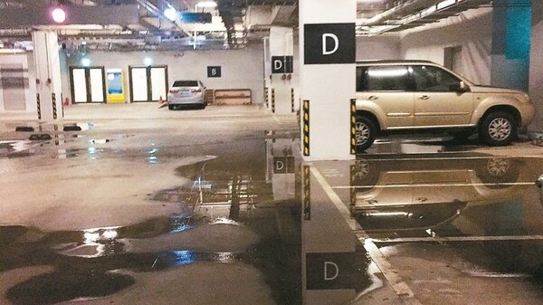 雨後十二個小時，歌劇院的停車場仍是四處積水，差點危及機電設備。 記者陳秋雲／攝影