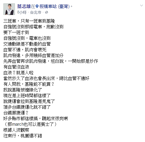 包租公律師蔡志雄在臉書上指出，基隆因交通問題而被邊緣化了。（圖／擷取自蔡志雄臉書）